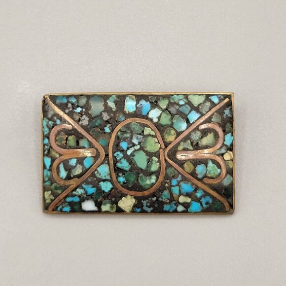 Turquoise Chips Brass Setting Brooch Safety Clasp Pin Made in India - Picture 2 of 4